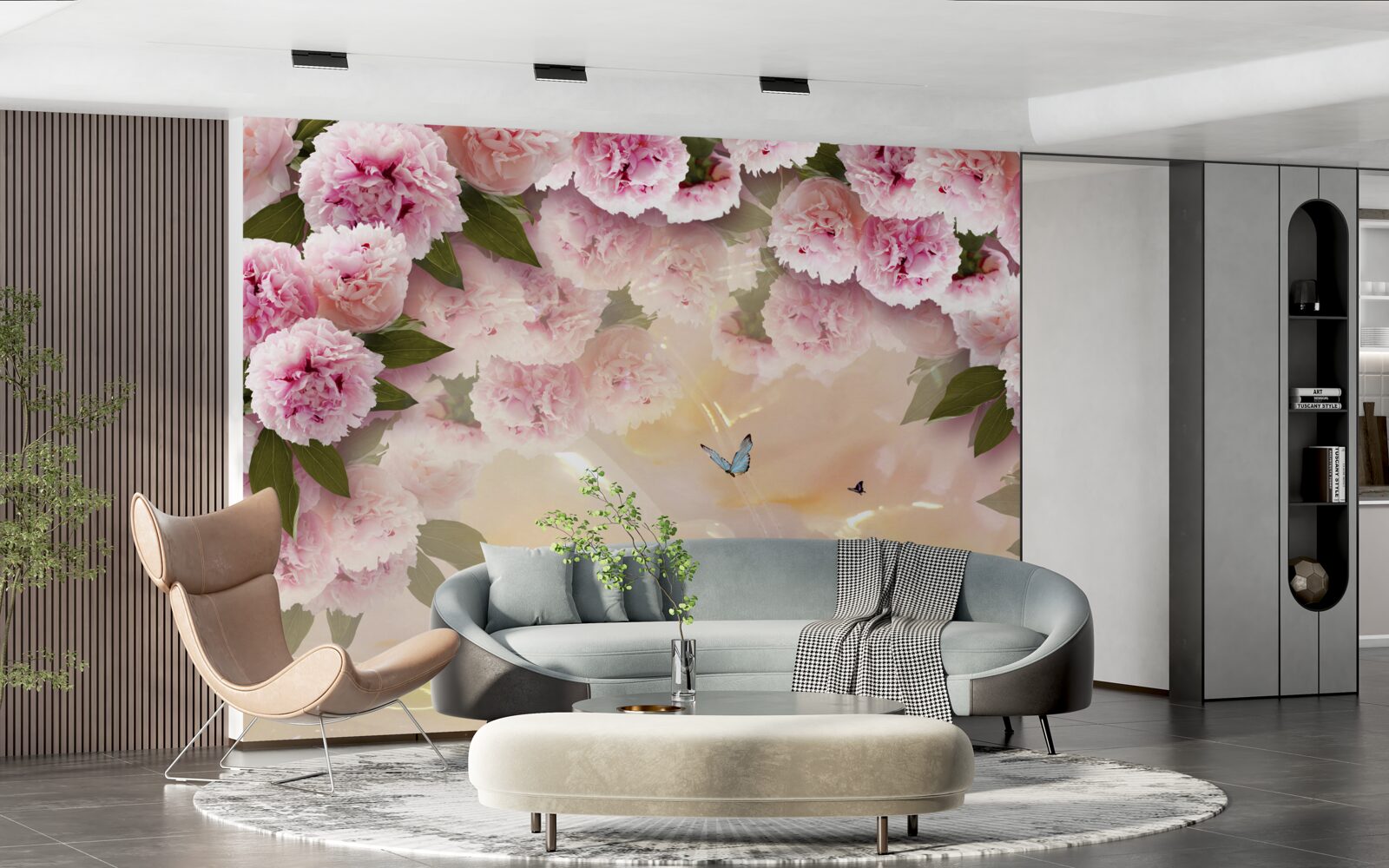 Fotobehang delicate papillons en roze bloemen