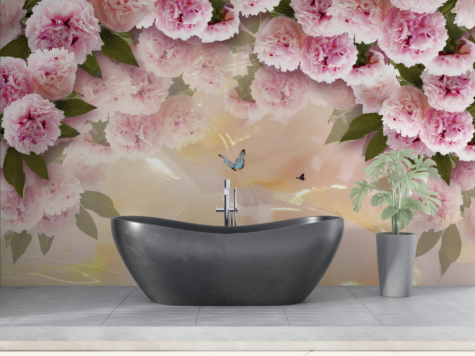 Fotobehang delicate papillons en roze bloemen