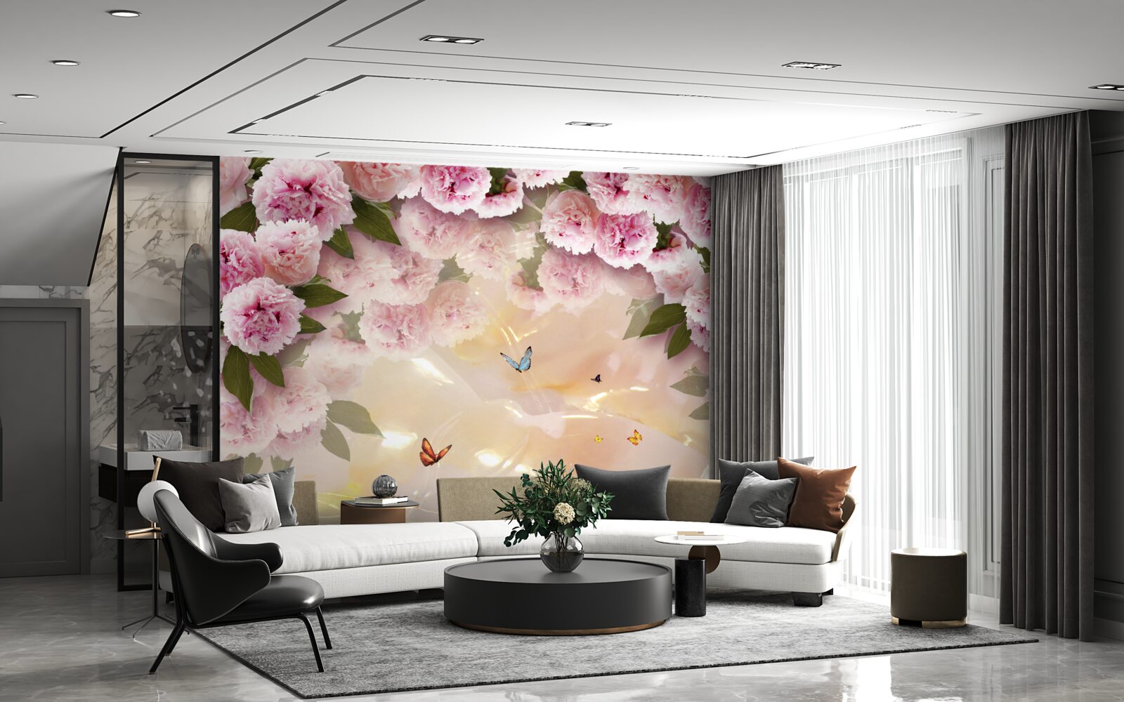 Fotobehang delicate papillons en roze bloemen