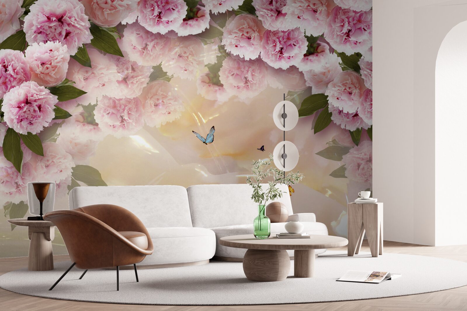 Fotobehang delicate papillons en roze bloemen