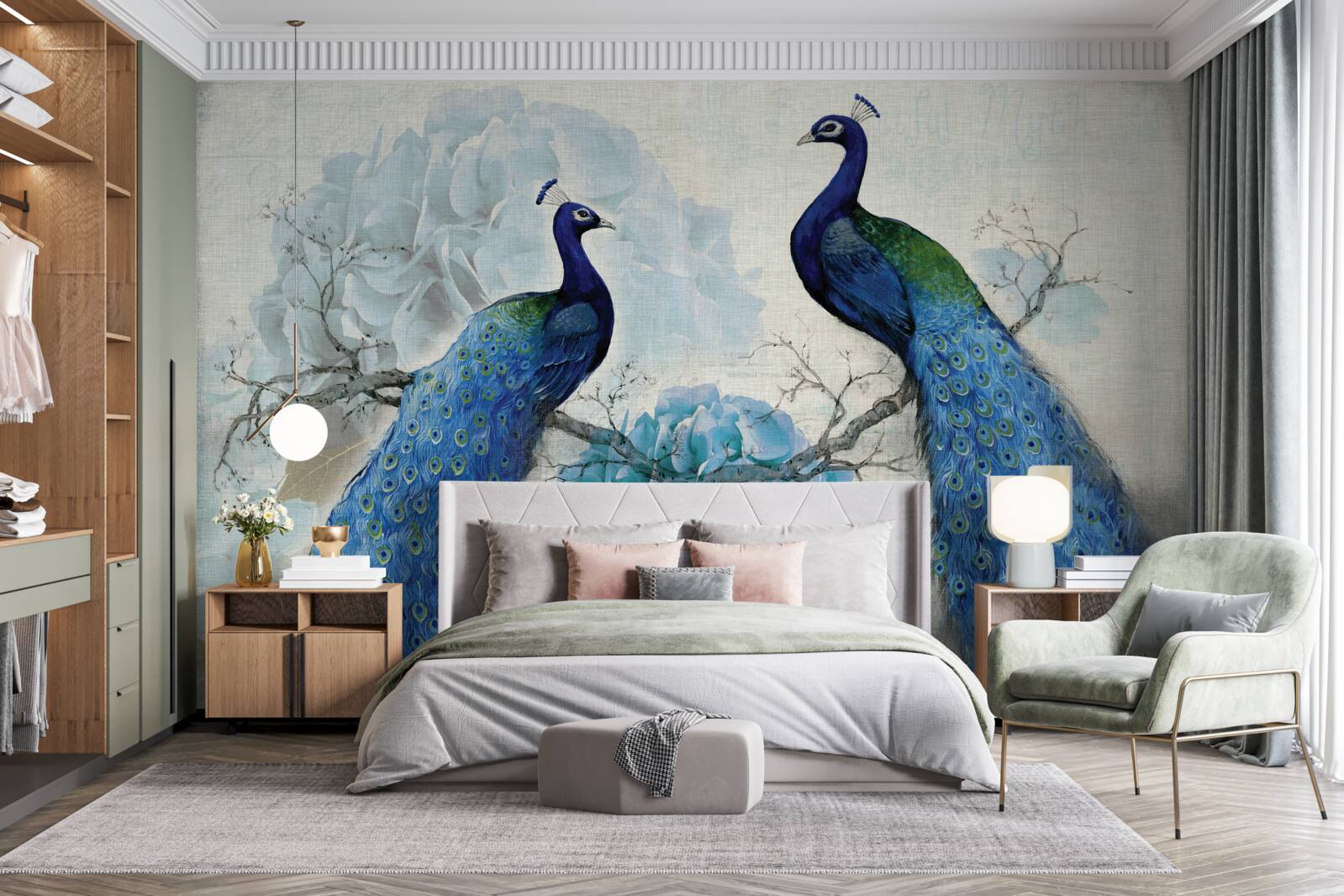 Fotobehang pauwen met blauwe veren op bloemen van dezelfde tint