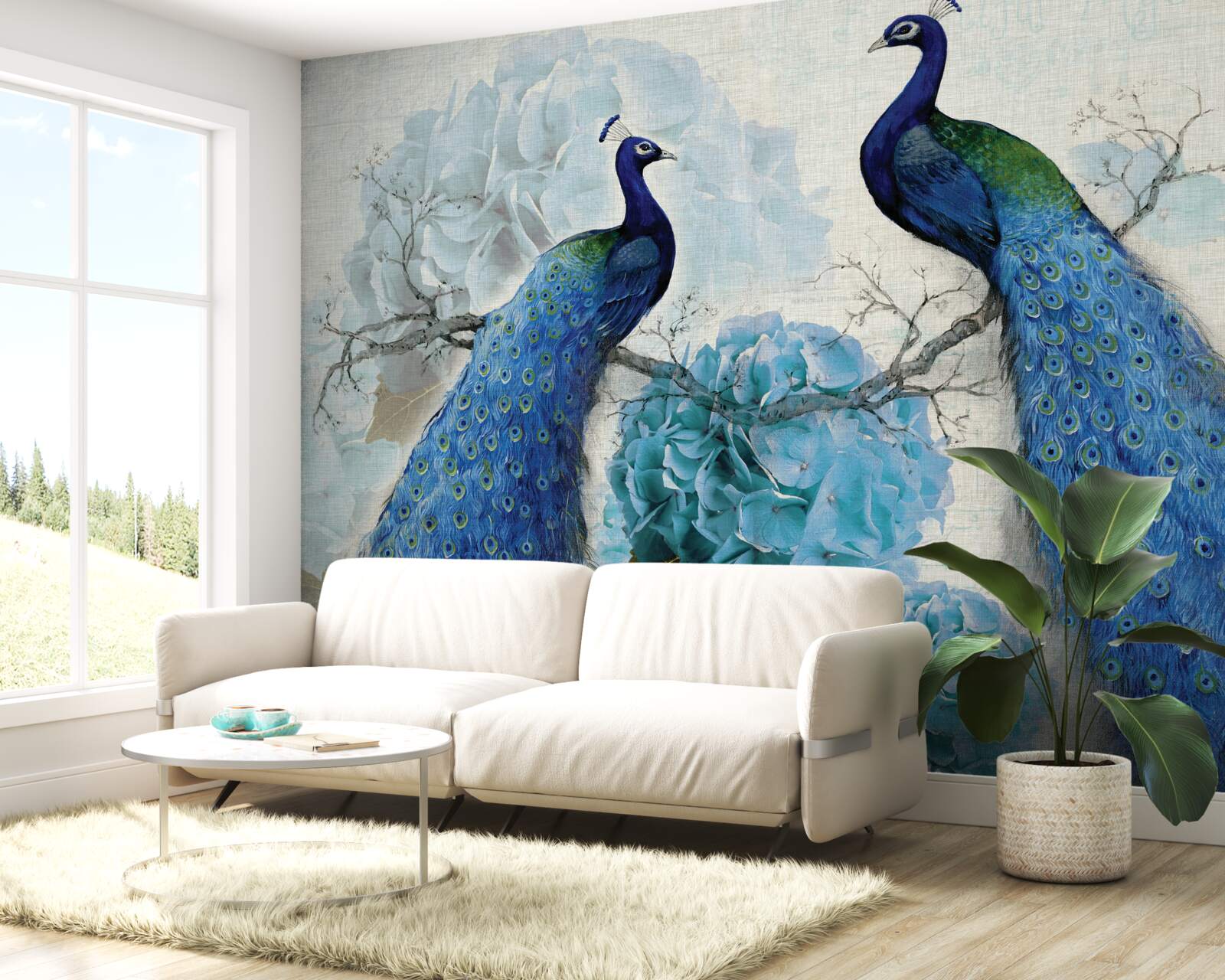 Fotobehang pauwen met blauwe veren op bloemen van dezelfde tint