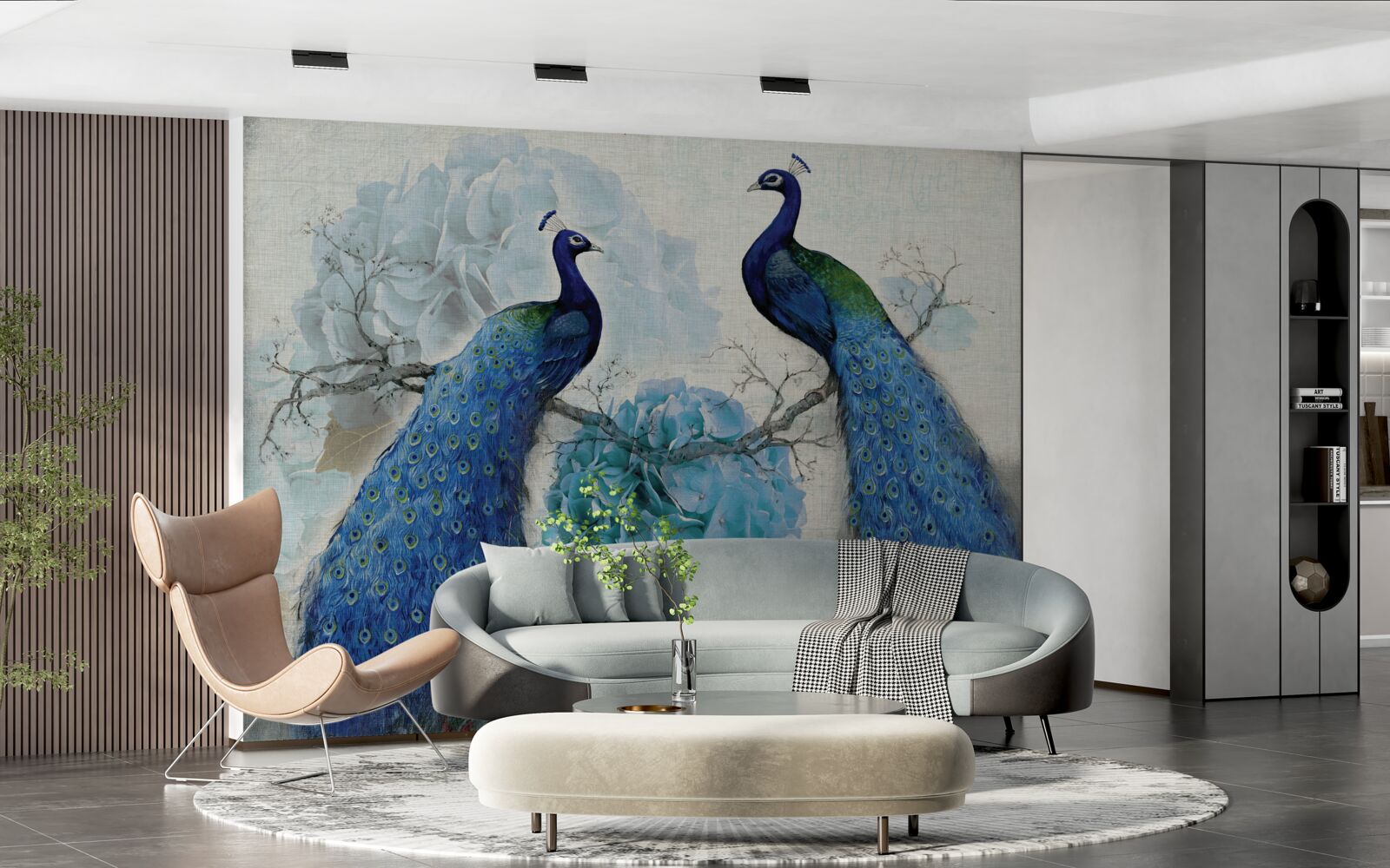 Fotobehang pauwen met blauwe veren op bloemen van dezelfde tint