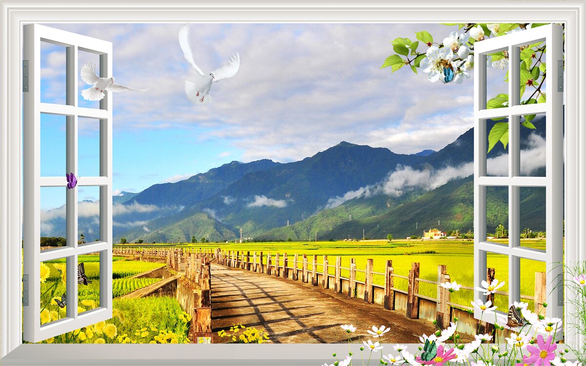 Fotobehang uitzicht vanuit het raam op het bergpanorama