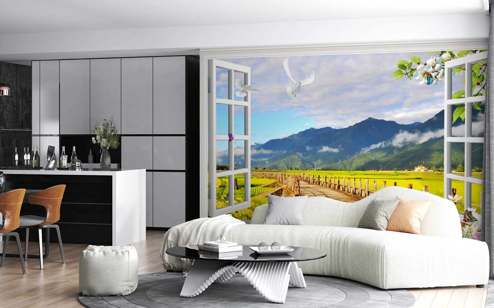 Fotobehang uitzicht vanuit het raam op het bergpanorama