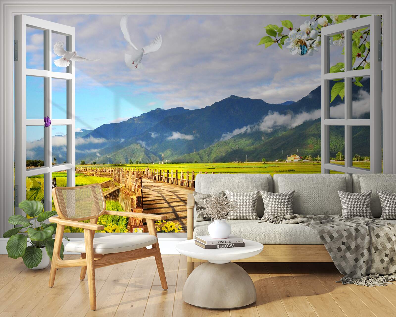 Fotobehang uitzicht vanuit het raam op het bergpanorama