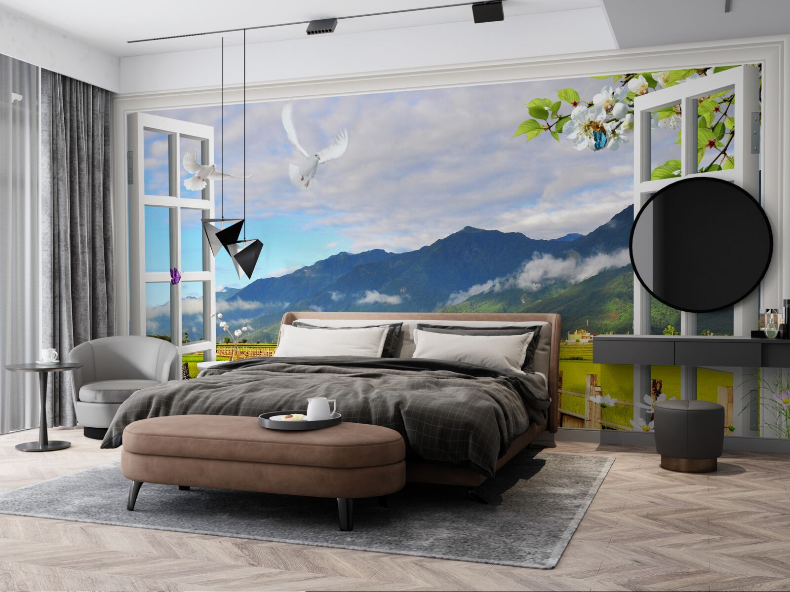 Fotobehang uitzicht vanuit het raam op het bergpanorama