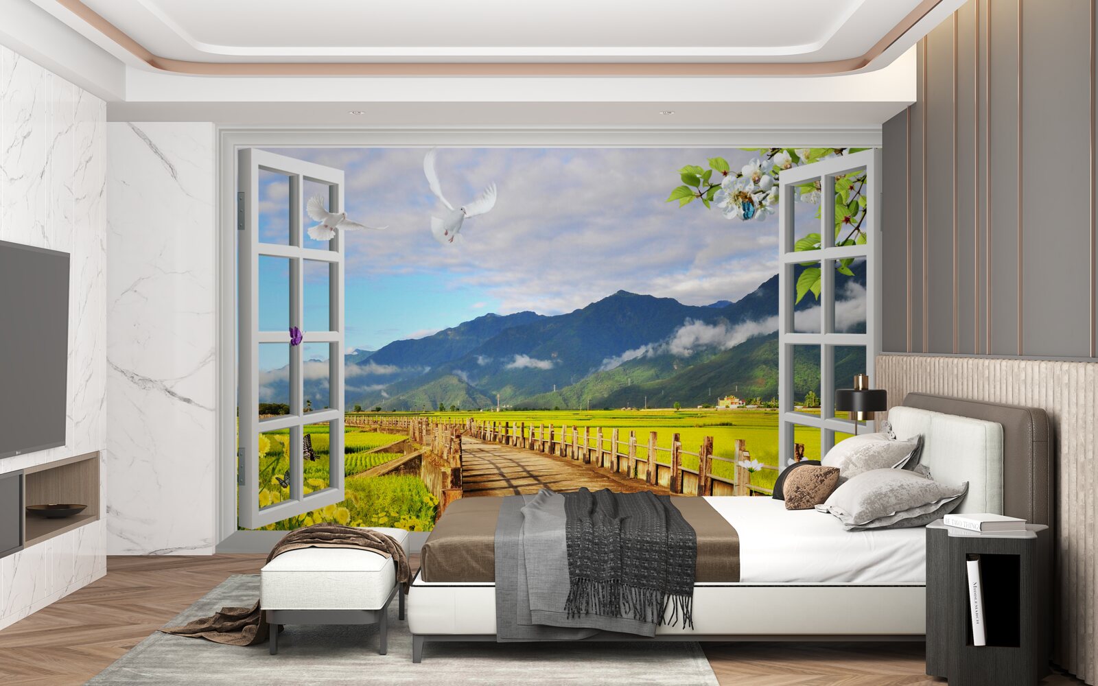 Fotobehang uitzicht vanuit het raam op het bergpanorama