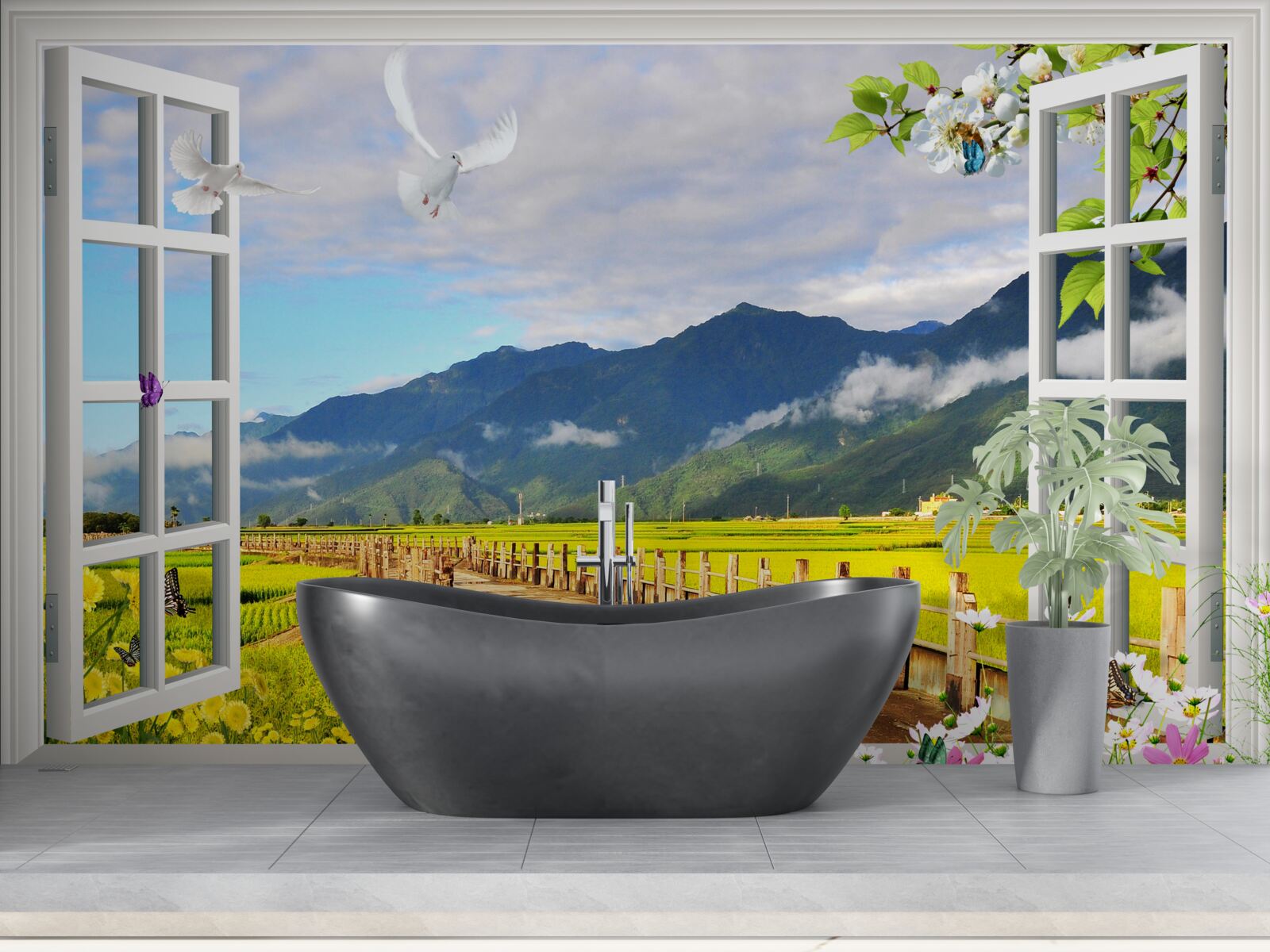 Fotobehang uitzicht vanuit het raam op het bergpanorama