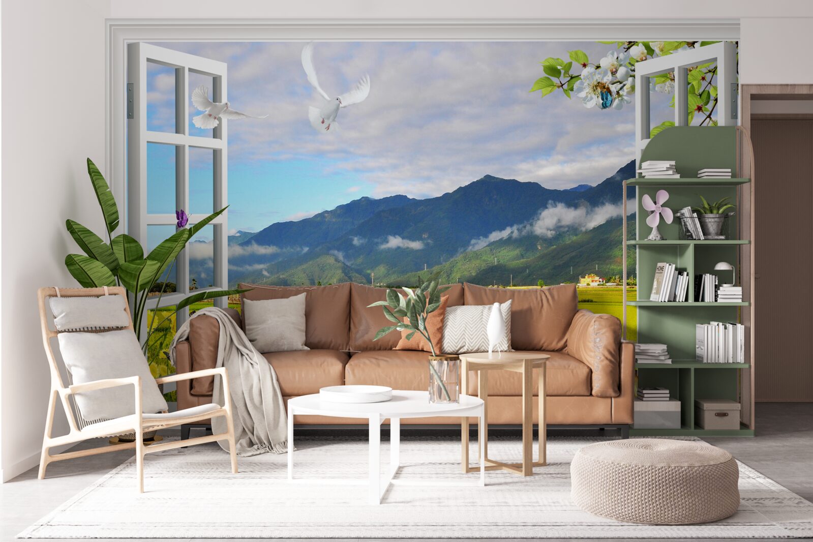 Fotobehang uitzicht vanuit het raam op het bergpanorama