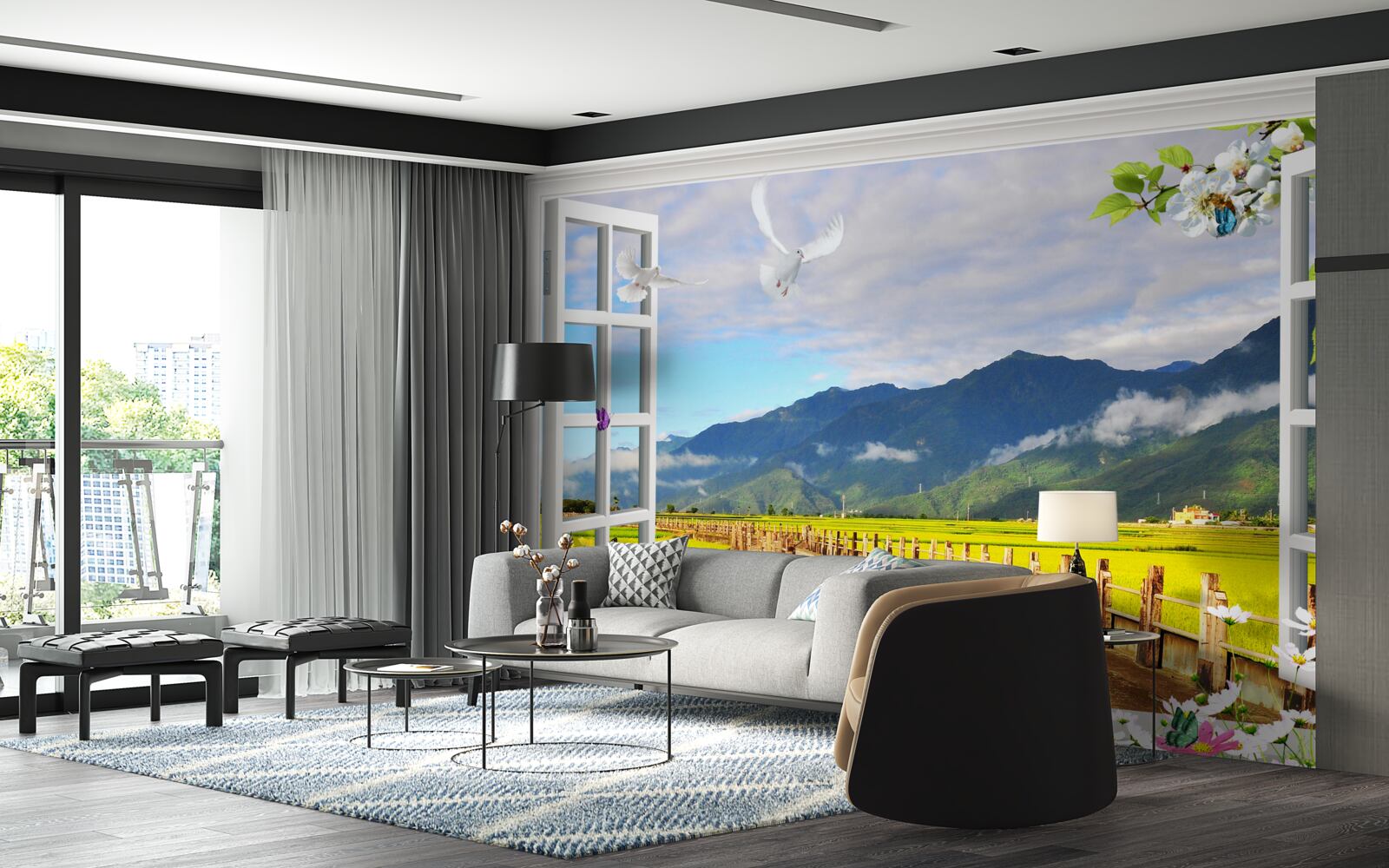 Fotobehang uitzicht vanuit het raam op het bergpanorama