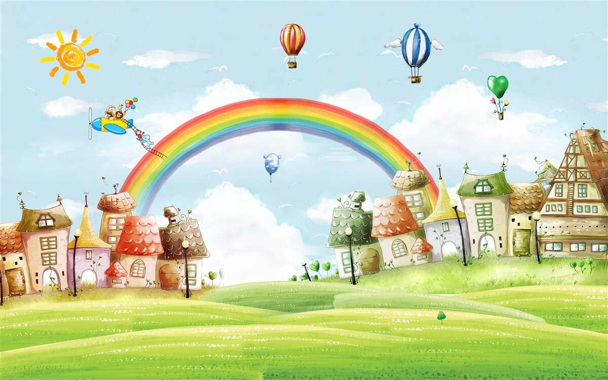 Fotobehang de kleurrijke stad is versierd met regenbogen