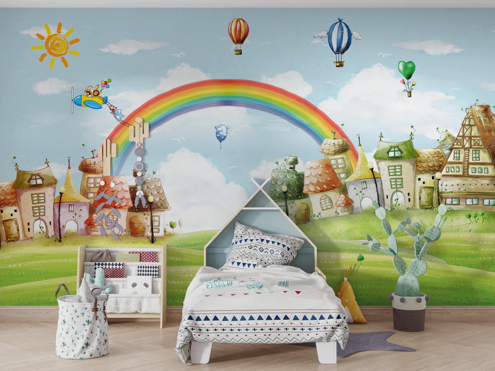 Fotobehang de kleurrijke stad is versierd met regenbogen