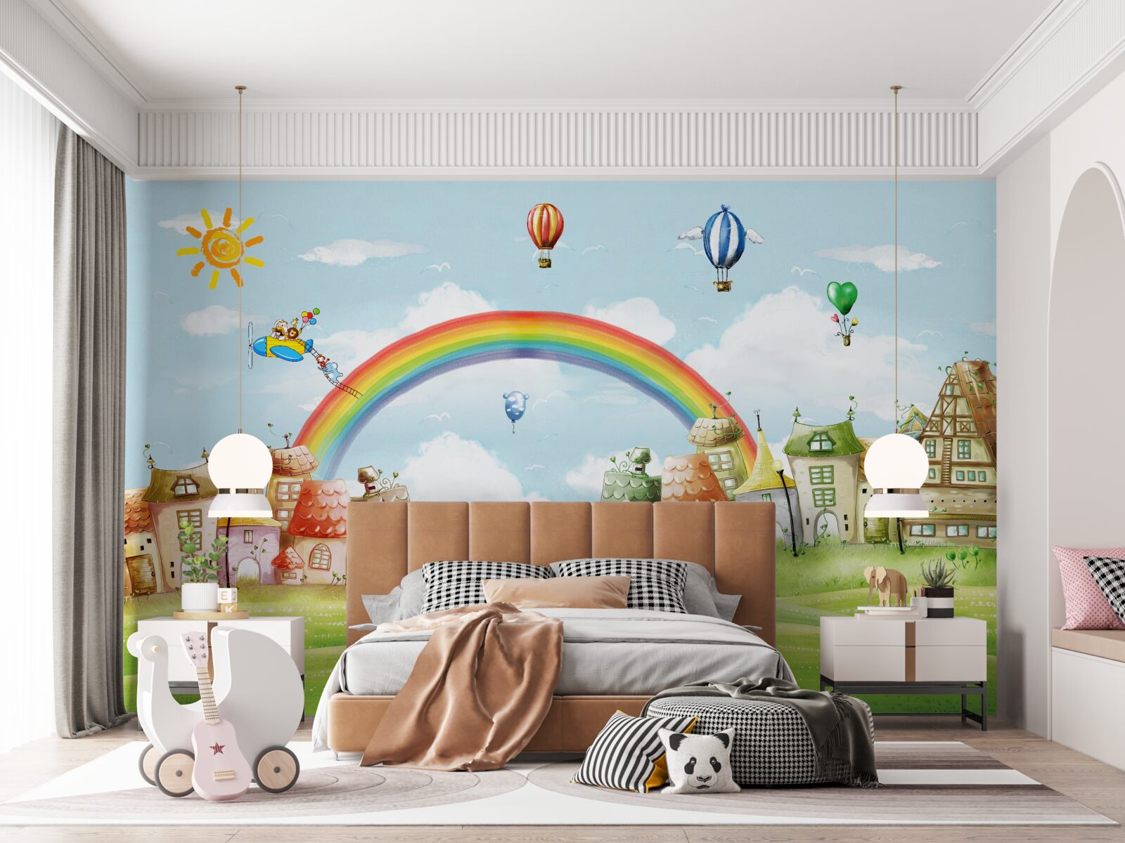 Fotobehang de kleurrijke stad is versierd met regenbogen