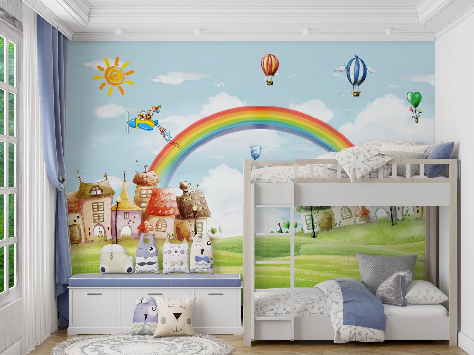 Fotobehang de kleurrijke stad is versierd met regenbogen