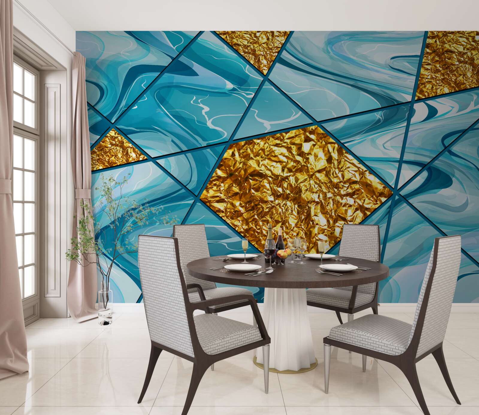 Fotobehang de lucht is blauw en onscherp, versierd met gouden accenten