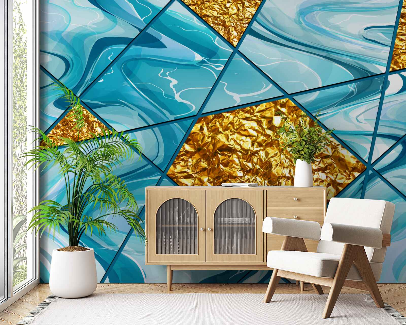 Fotobehang de lucht is blauw en onscherp, versierd met gouden accenten