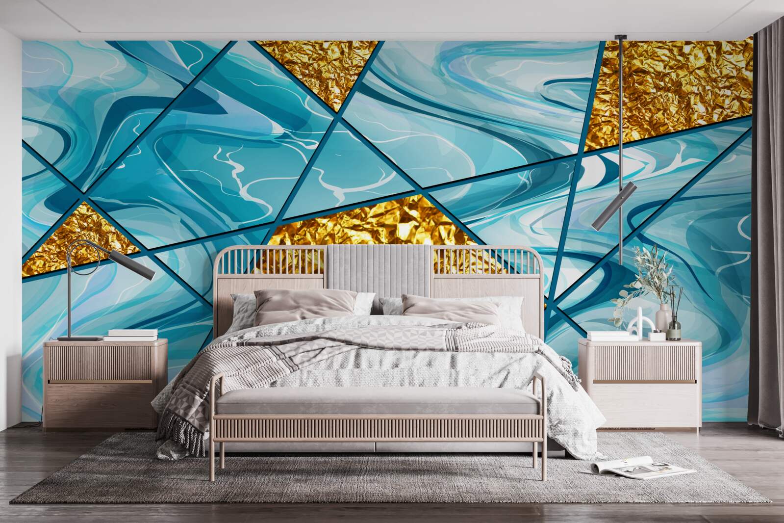 Fotobehang de lucht is blauw en onscherp, versierd met gouden accenten