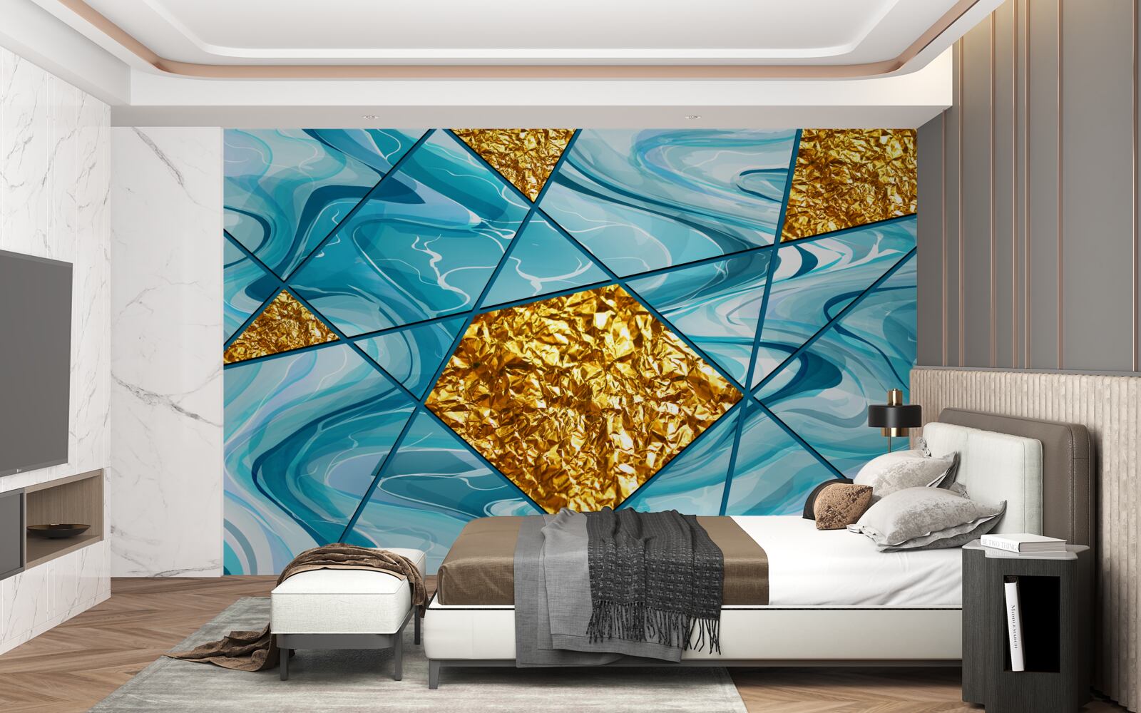 Fotobehang de lucht is blauw en onscherp, versierd met gouden accenten