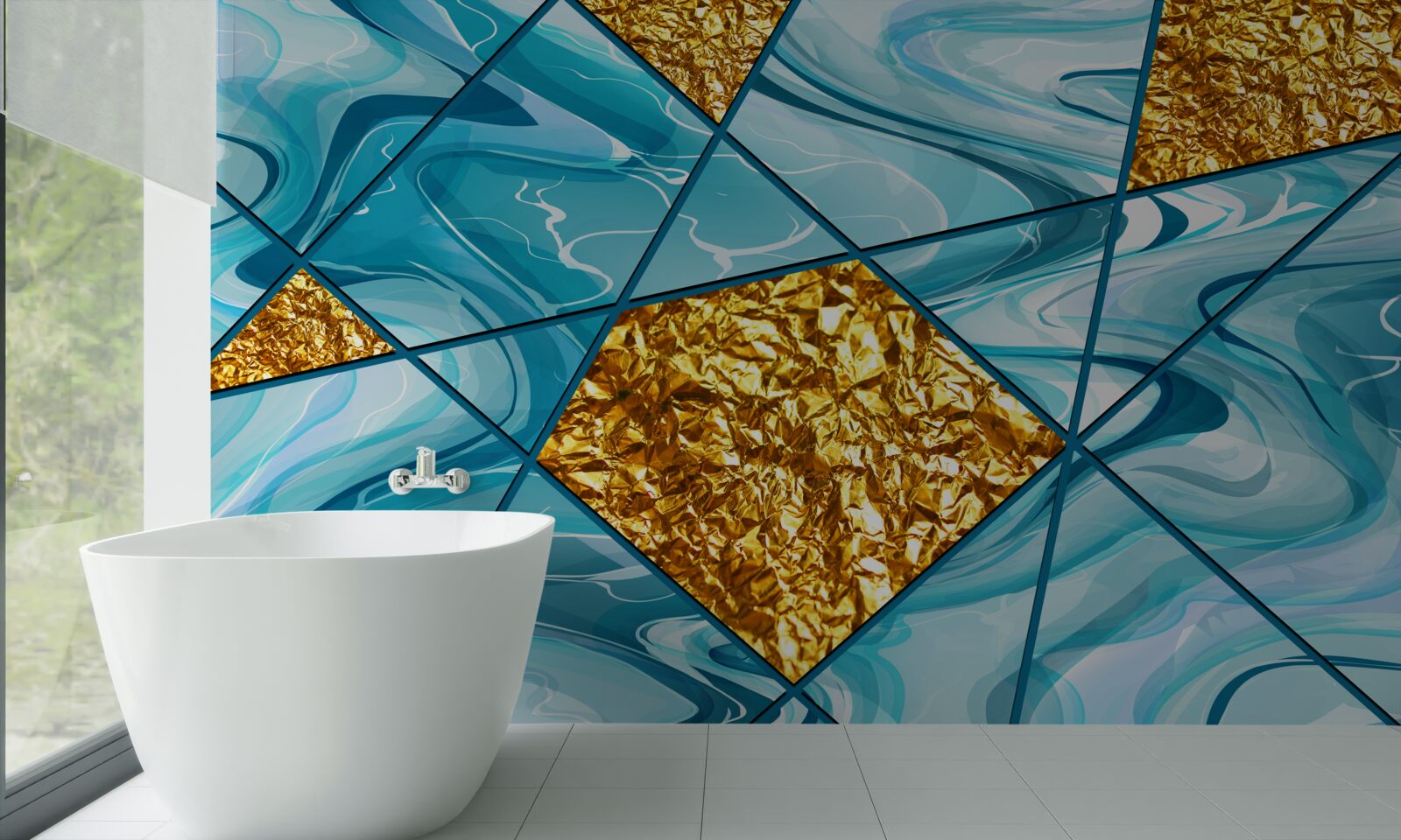 Fotobehang de lucht is blauw en onscherp, versierd met gouden accenten