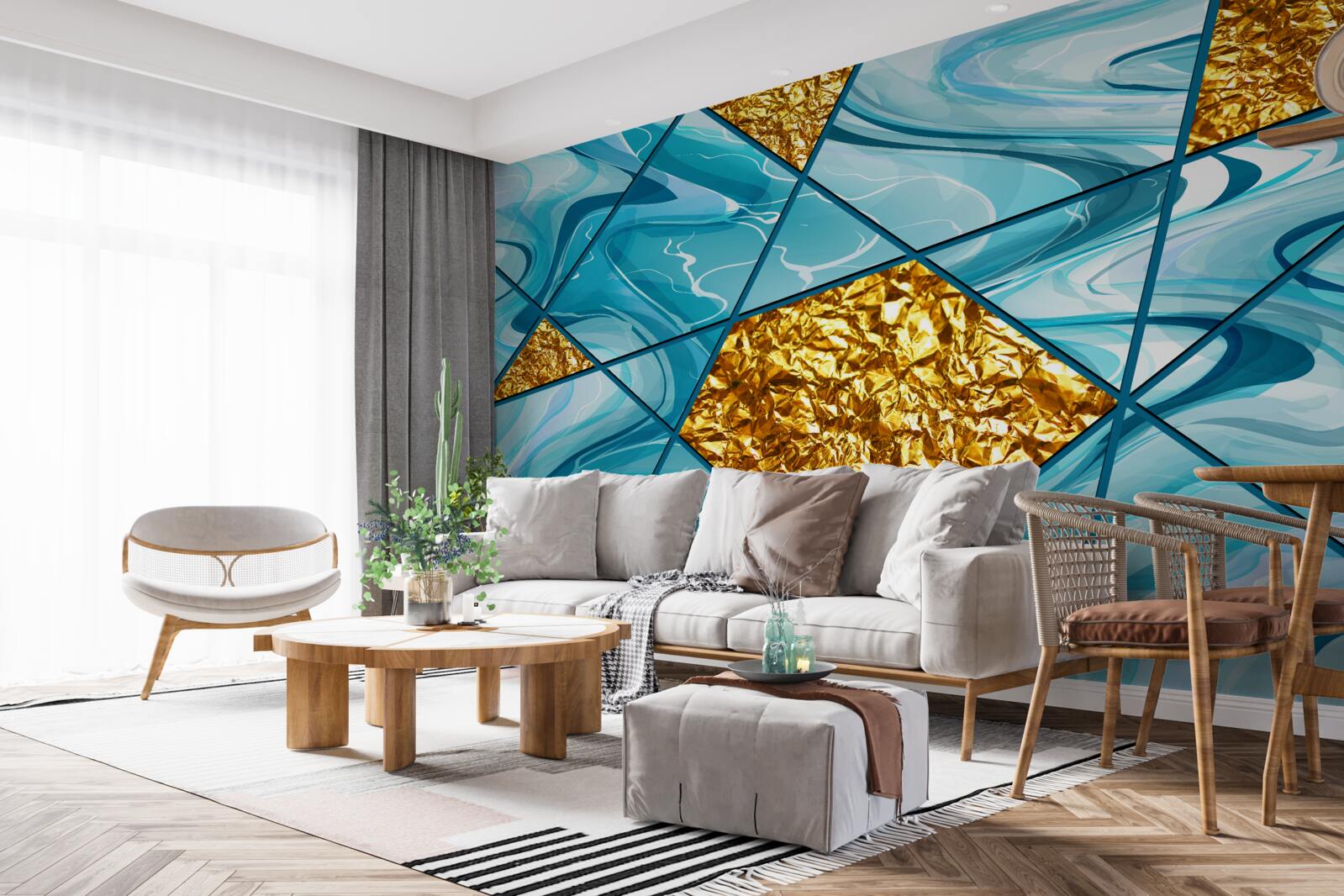 Fotobehang de lucht is blauw en onscherp, versierd met gouden accenten