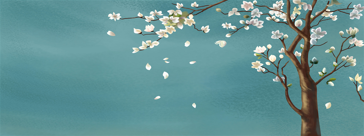 Fotobehang turquoise achtergrond versierd met een bloeiende boom