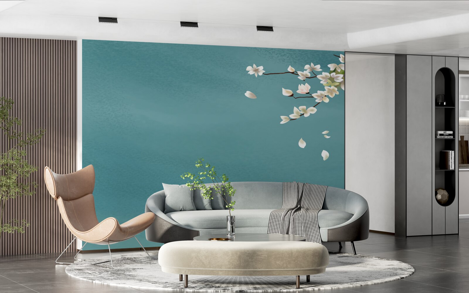 Fotobehang turquoise achtergrond versierd met een bloeiende boom