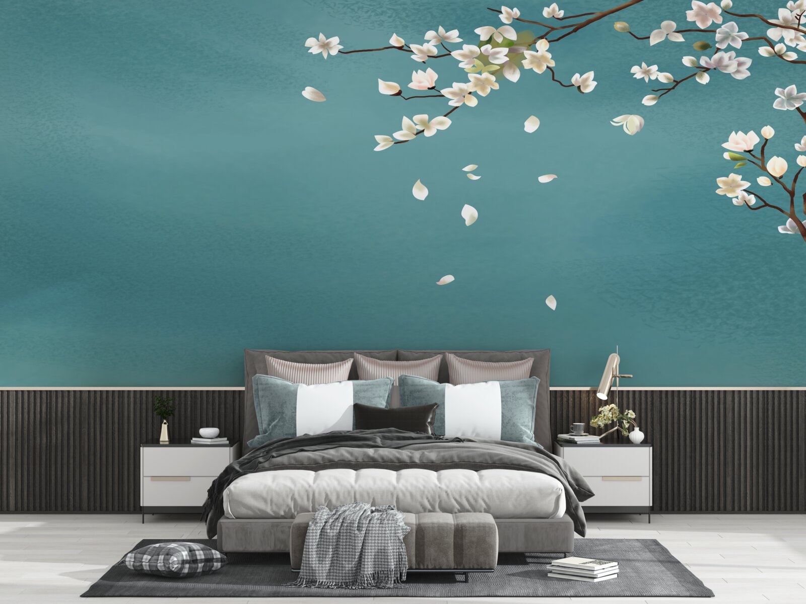 Fotobehang turquoise achtergrond versierd met een bloeiende boom