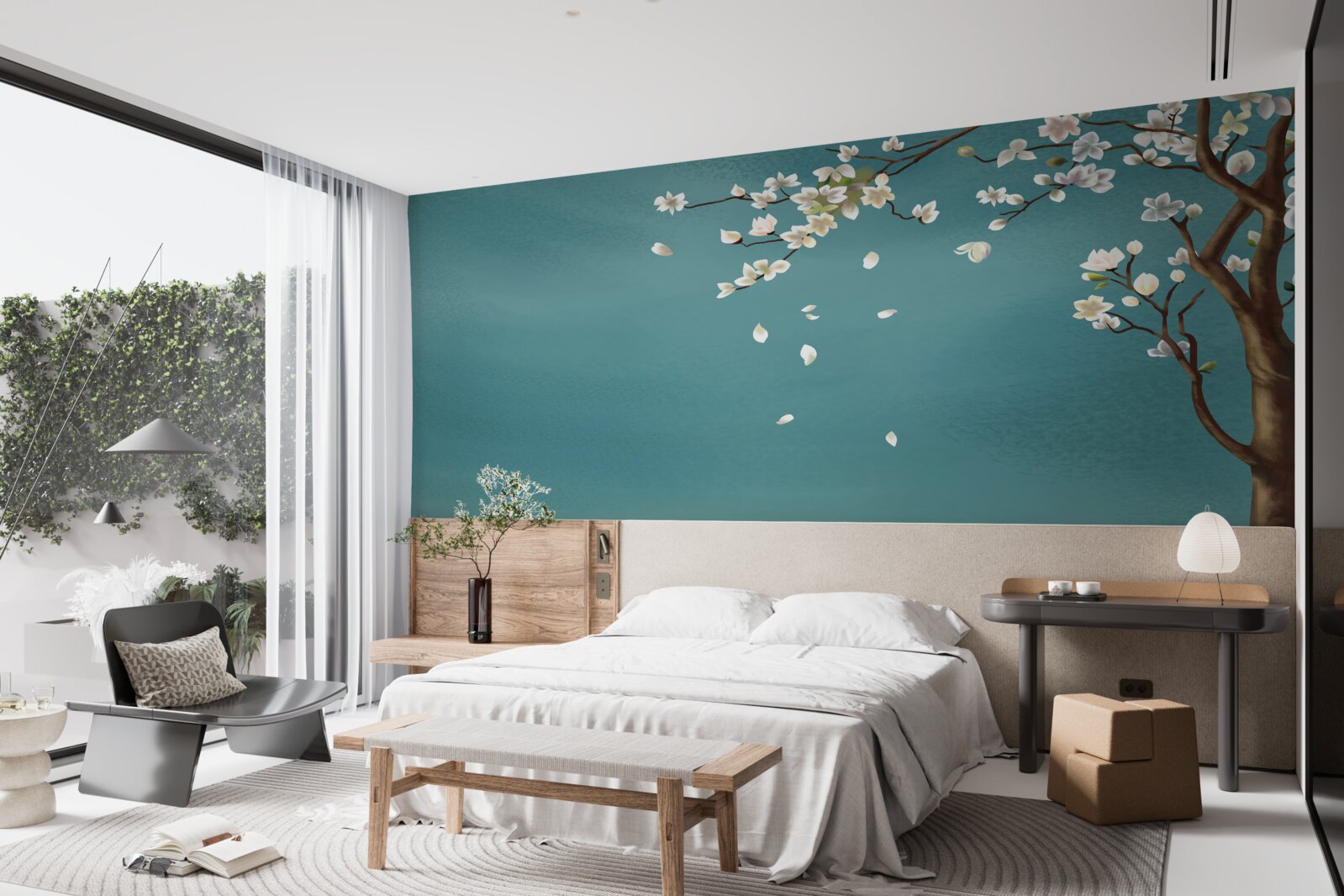 Fotobehang turquoise achtergrond versierd met een bloeiende boom