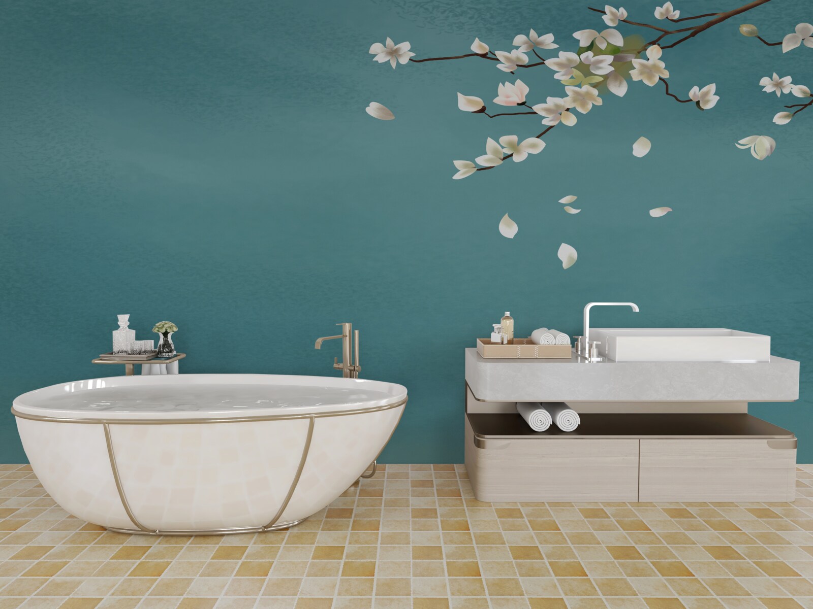 Fotobehang turquoise achtergrond versierd met een bloeiende boom