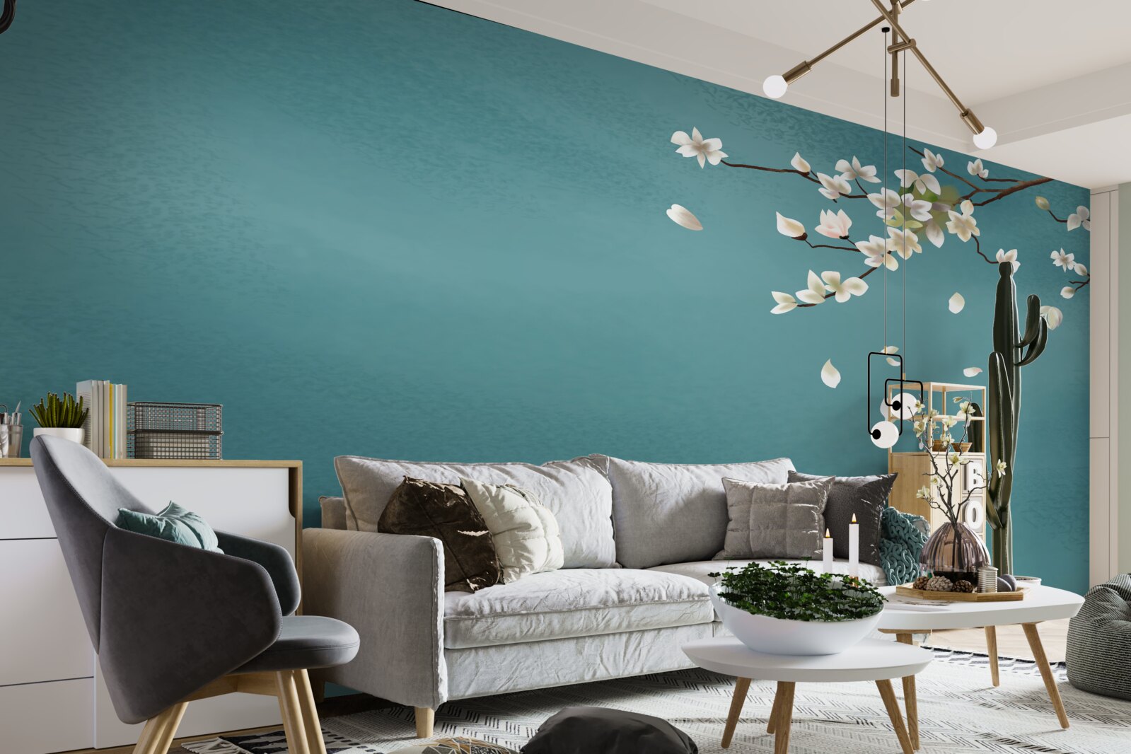 Fotobehang turquoise achtergrond versierd met een bloeiende boom