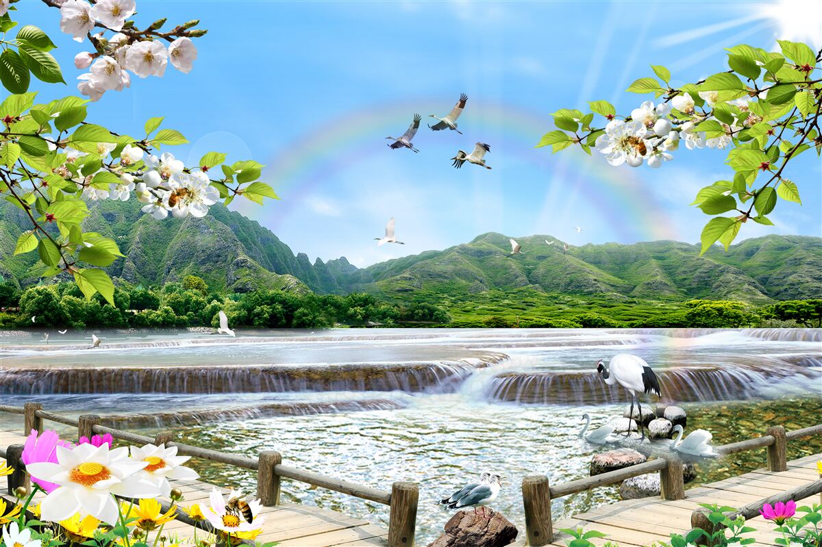 Fotobehang boswaterval en meer onder een kleurrijke regenboog