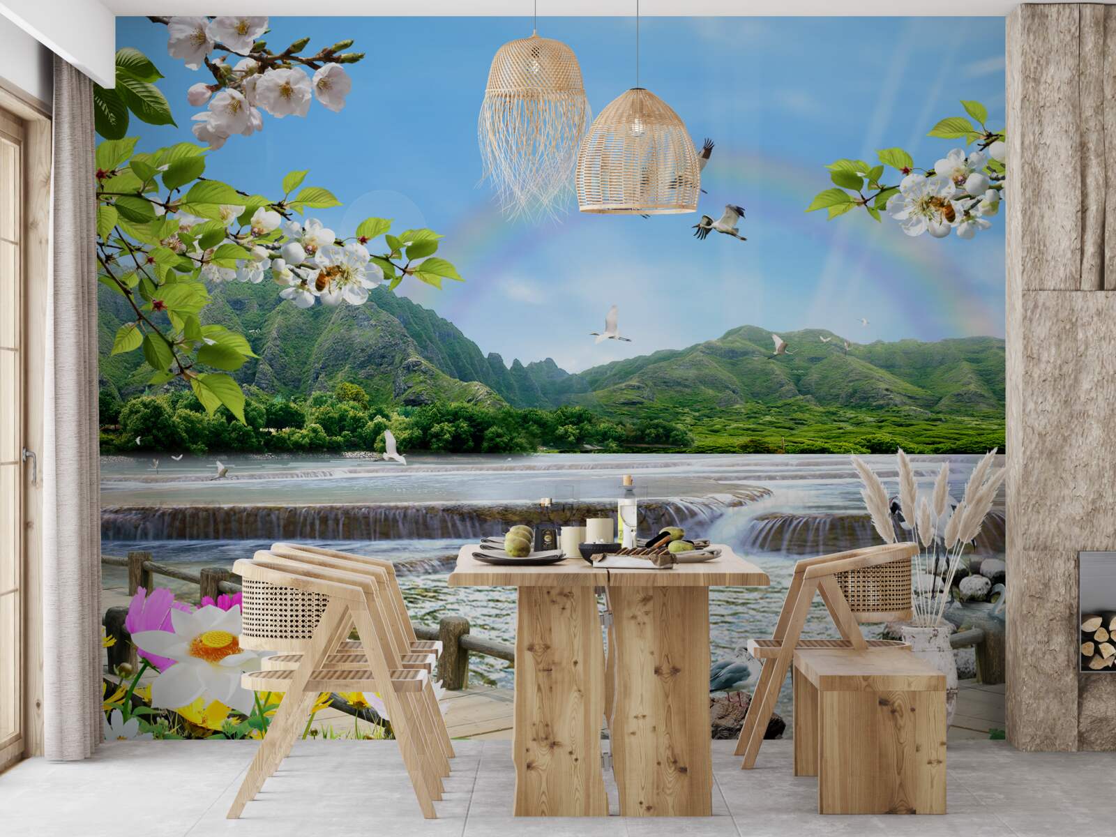 Fotobehang boswaterval en meer onder een kleurrijke regenboog