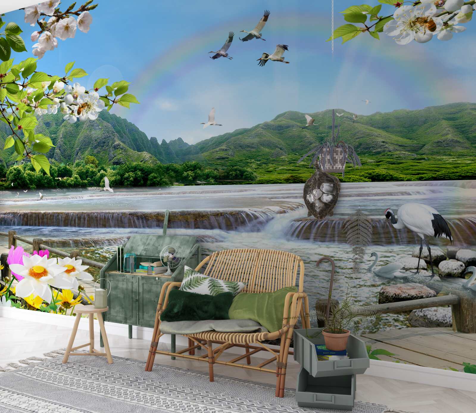 Fotobehang boswaterval en meer onder een kleurrijke regenboog