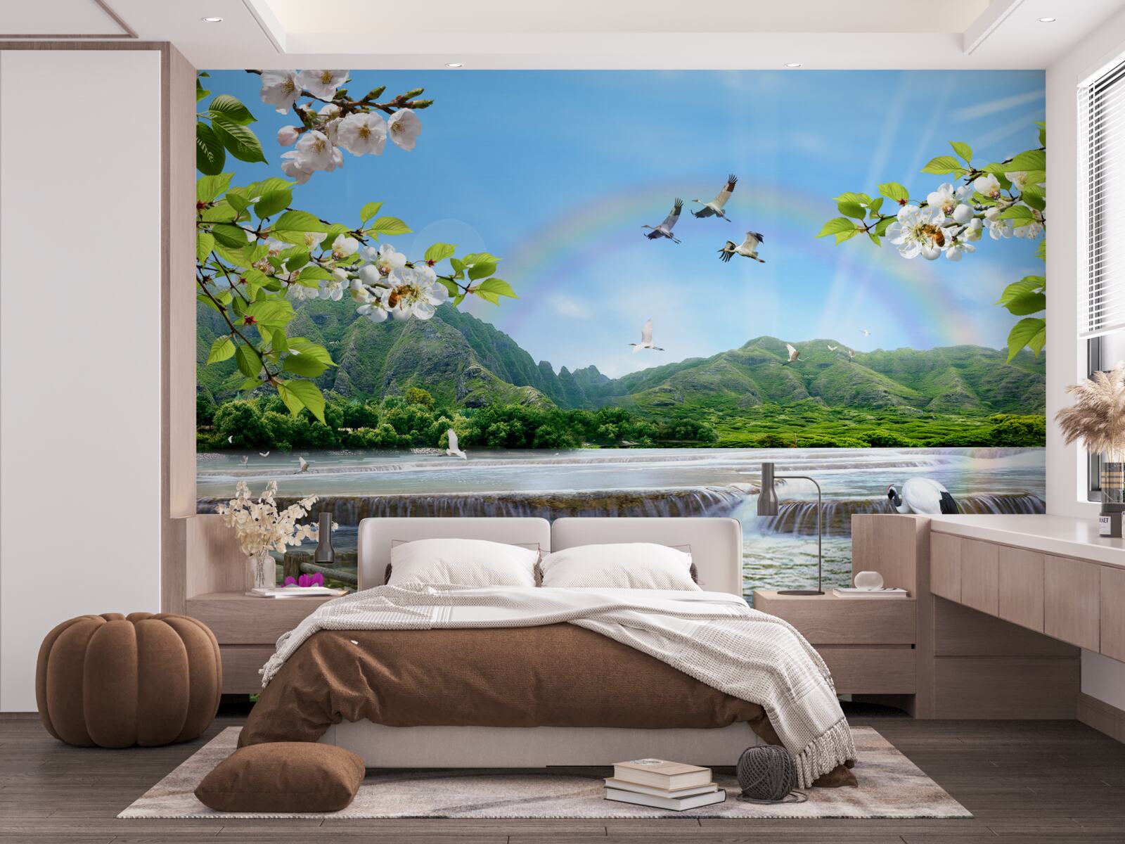 Fotobehang boswaterval en meer onder een kleurrijke regenboog