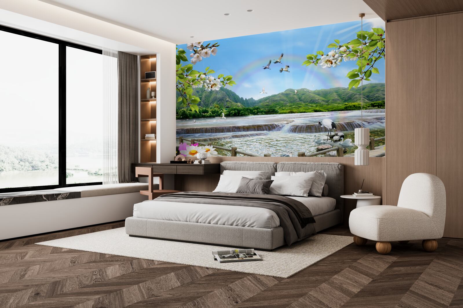 Fotobehang boswaterval en meer onder een kleurrijke regenboog