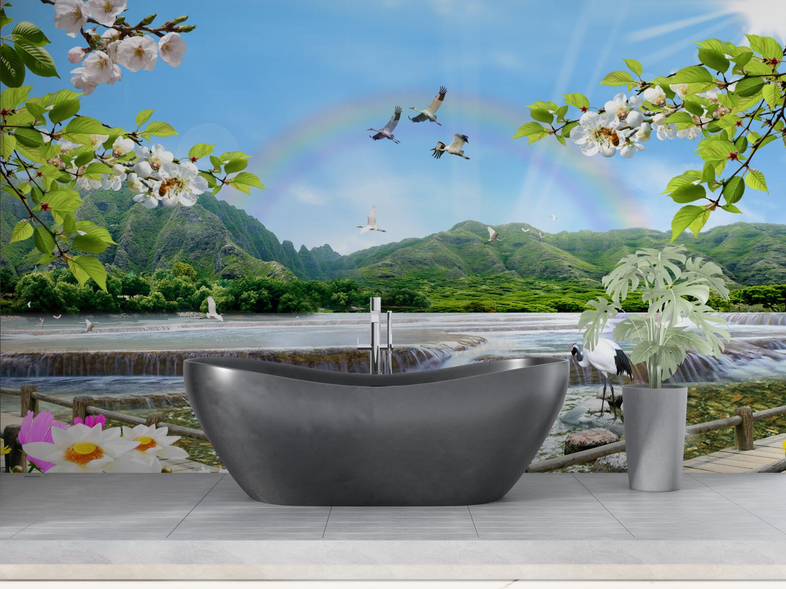 Fotobehang boswaterval en meer onder een kleurrijke regenboog