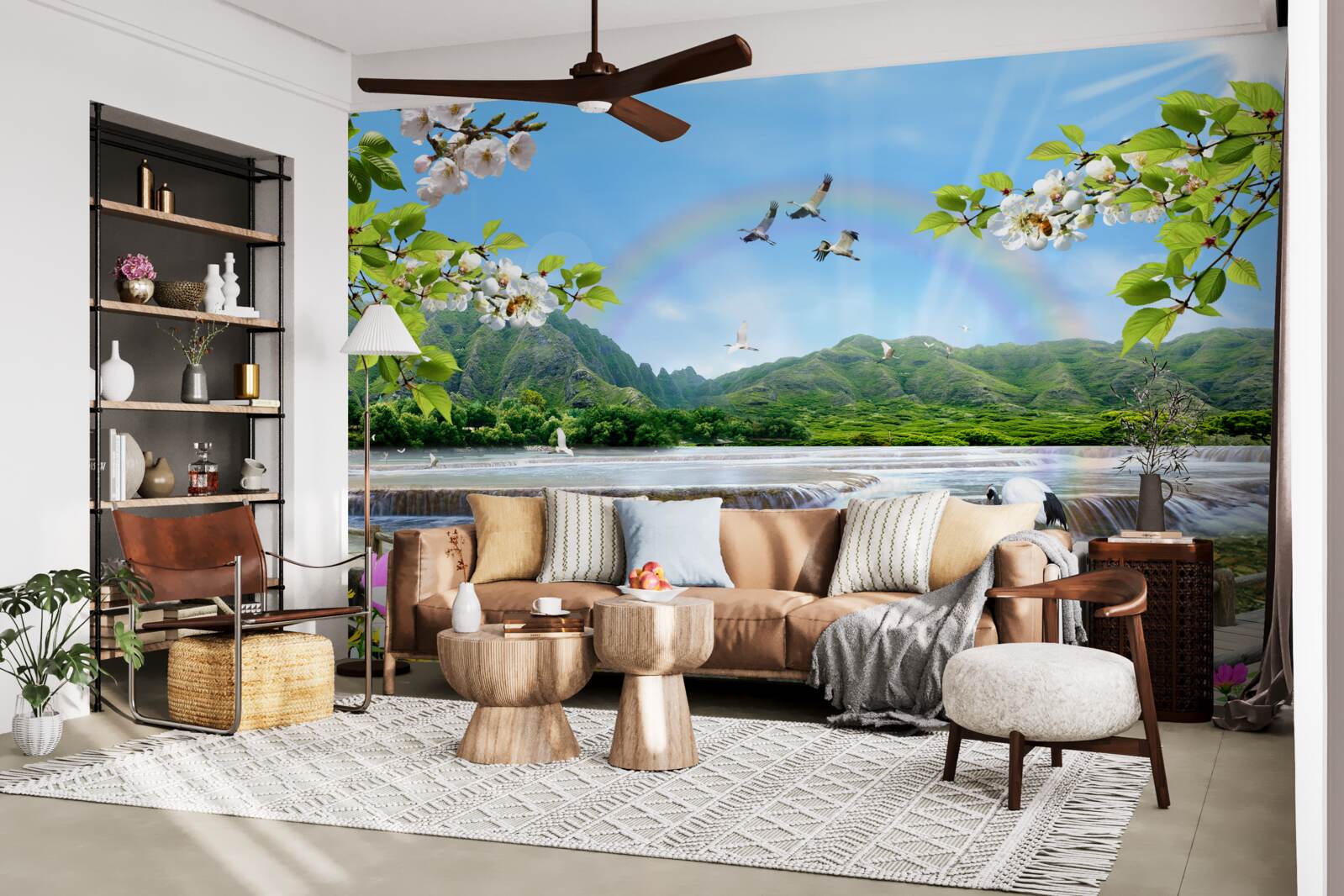 Fotobehang boswaterval en meer onder een kleurrijke regenboog