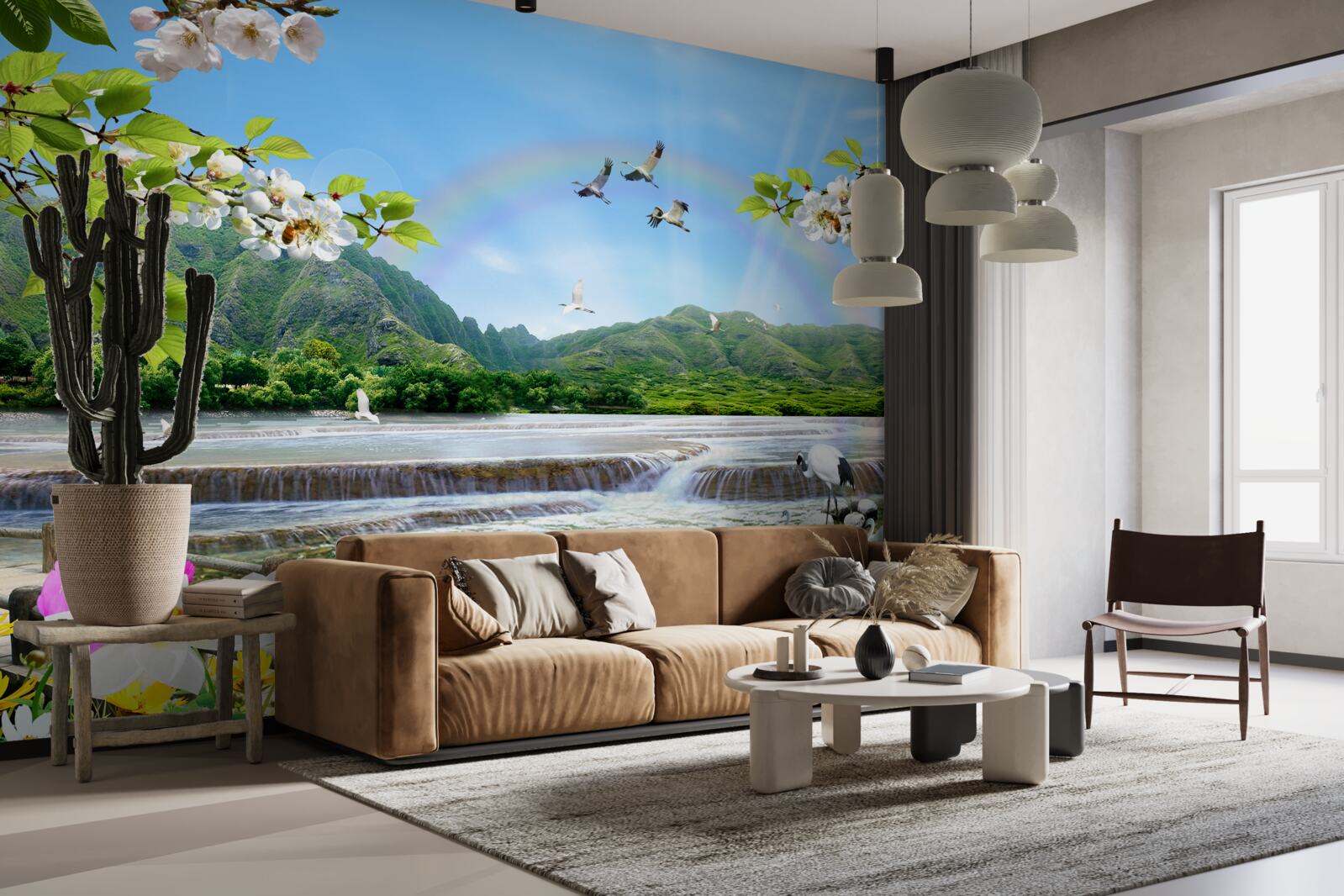 Fotobehang boswaterval en meer onder een kleurrijke regenboog