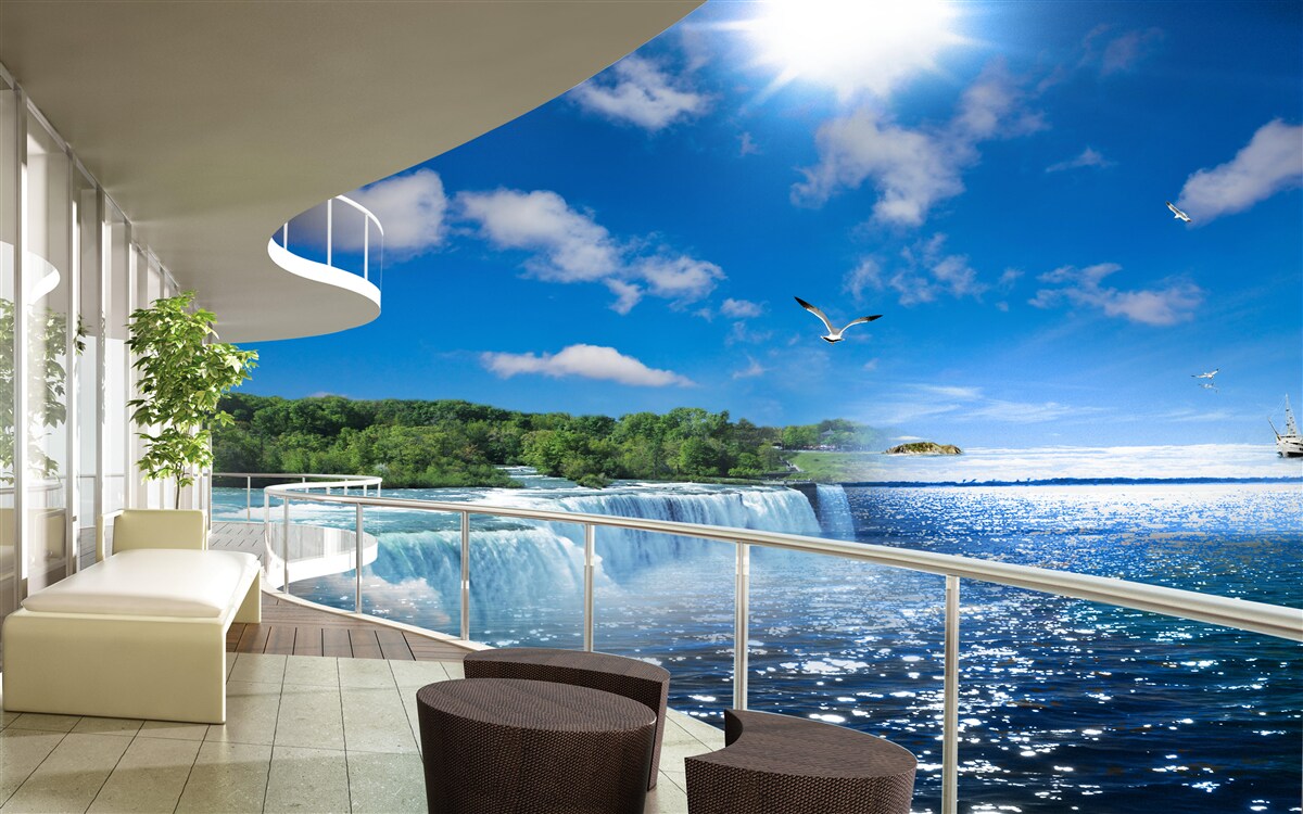 Fotobehang balkon bij een enorme waterval