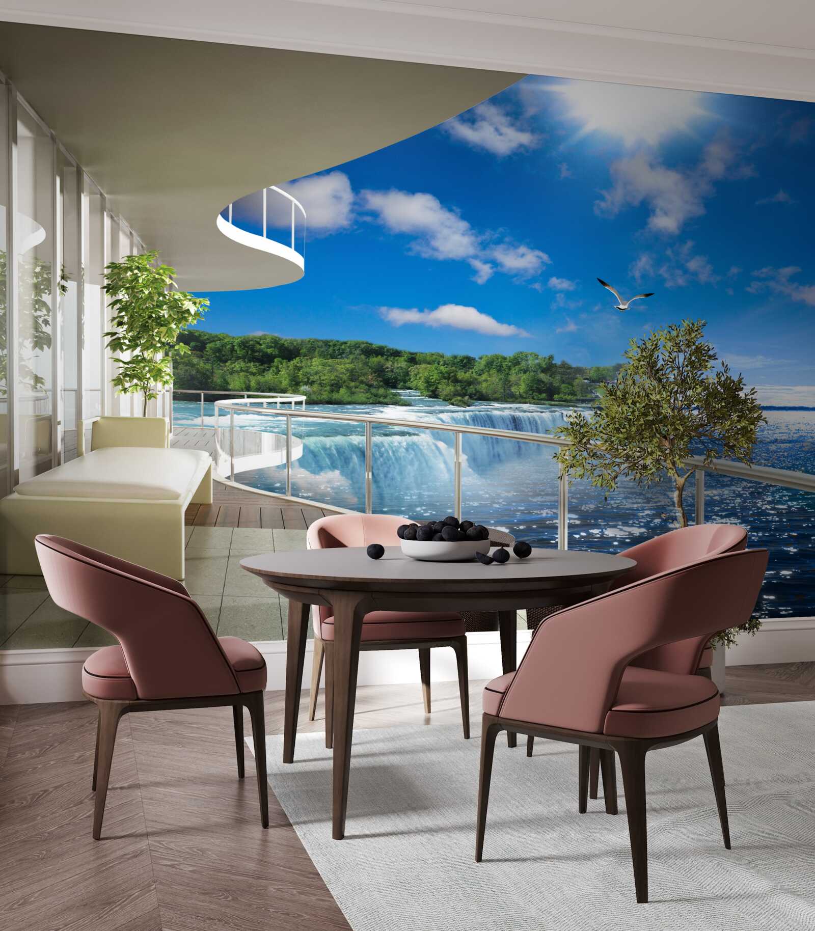 Fotobehang balkon bij een enorme waterval