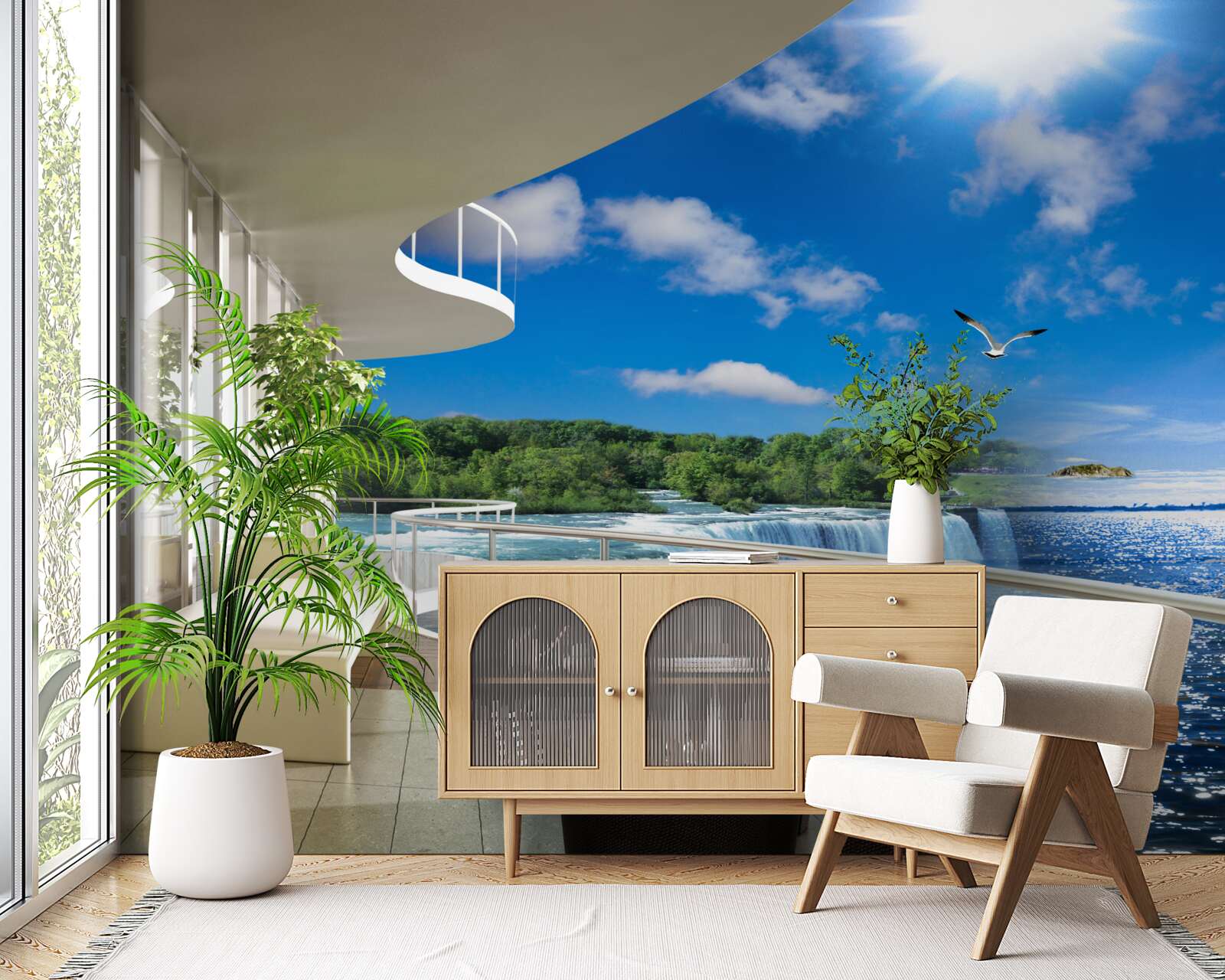 Fotobehang balkon bij een enorme waterval