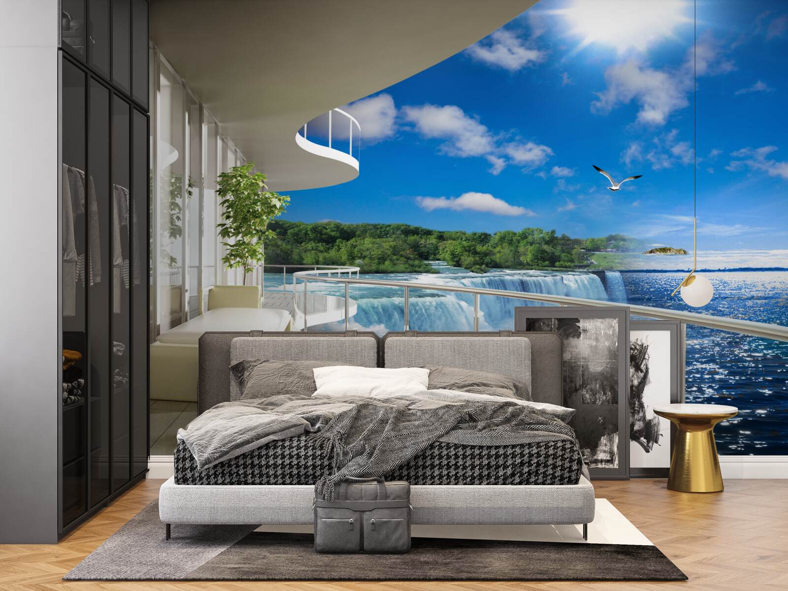 Fotobehang balkon bij een enorme waterval