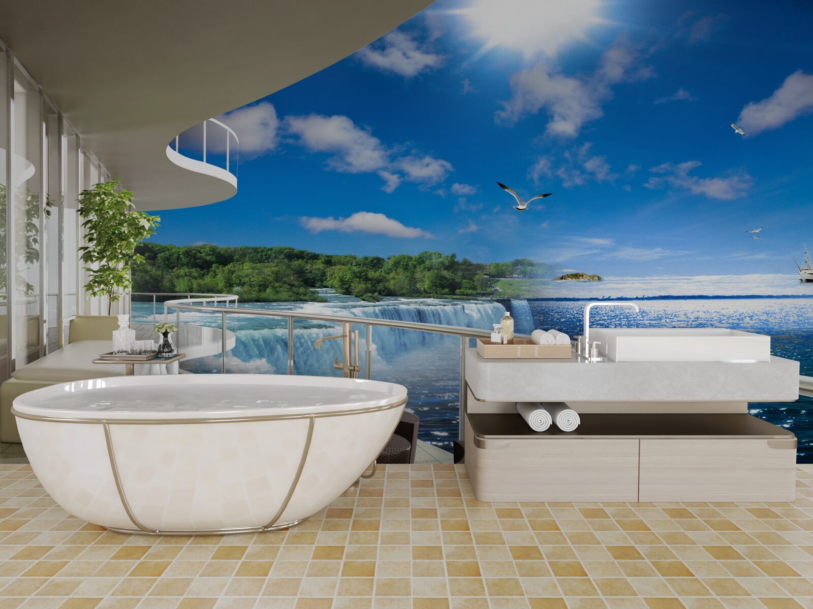 Fotobehang balkon bij een enorme waterval