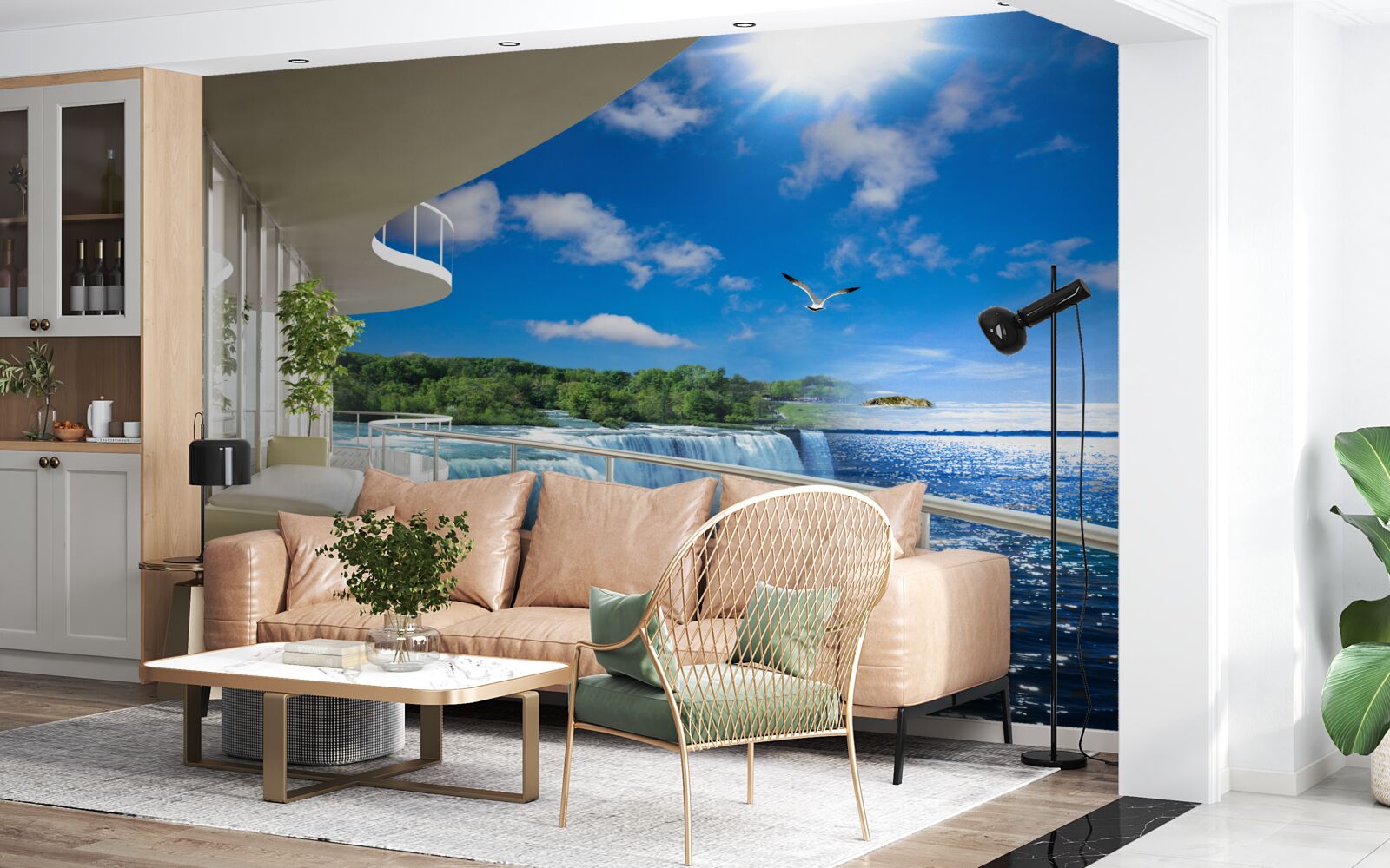 Fotobehang balkon bij een enorme waterval