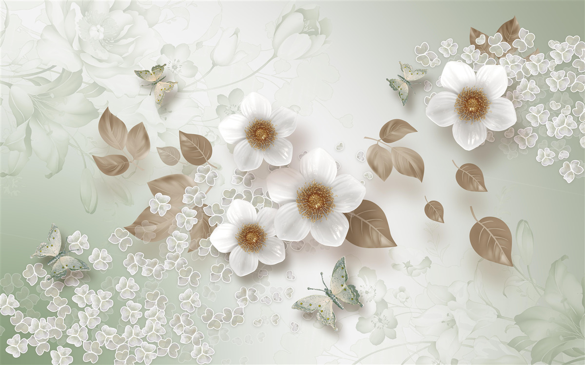 Fotobehang witte bloemen met grote knoppen en vlinders