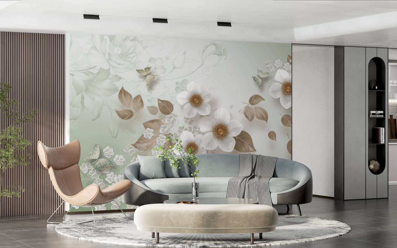 Fotobehang witte bloemen met grote knoppen en vlinders