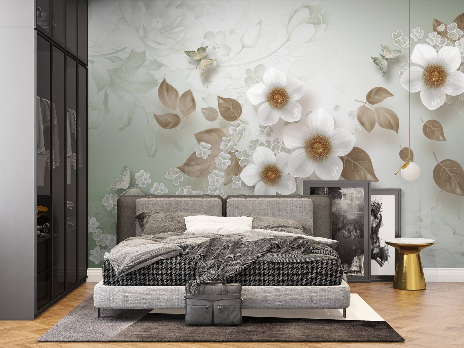 Fotobehang witte bloemen met grote knoppen en vlinders