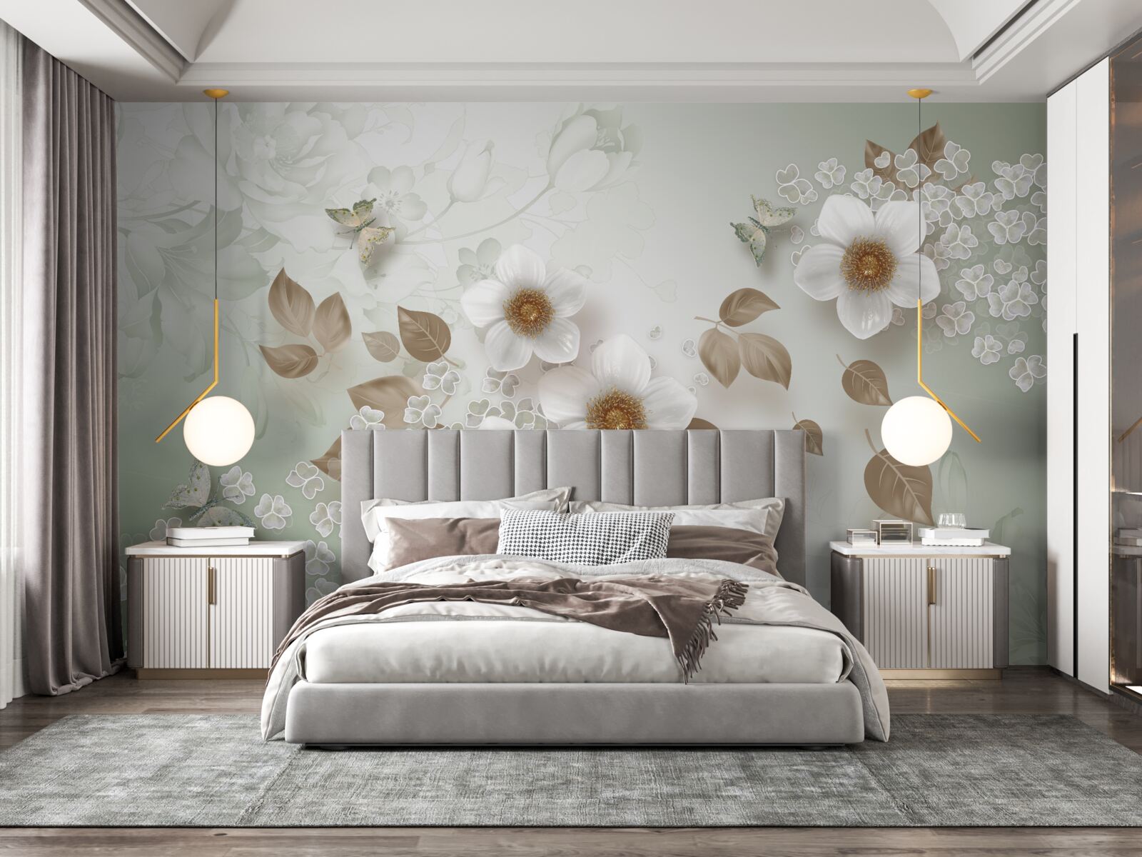 Fotobehang witte bloemen met grote knoppen en vlinders