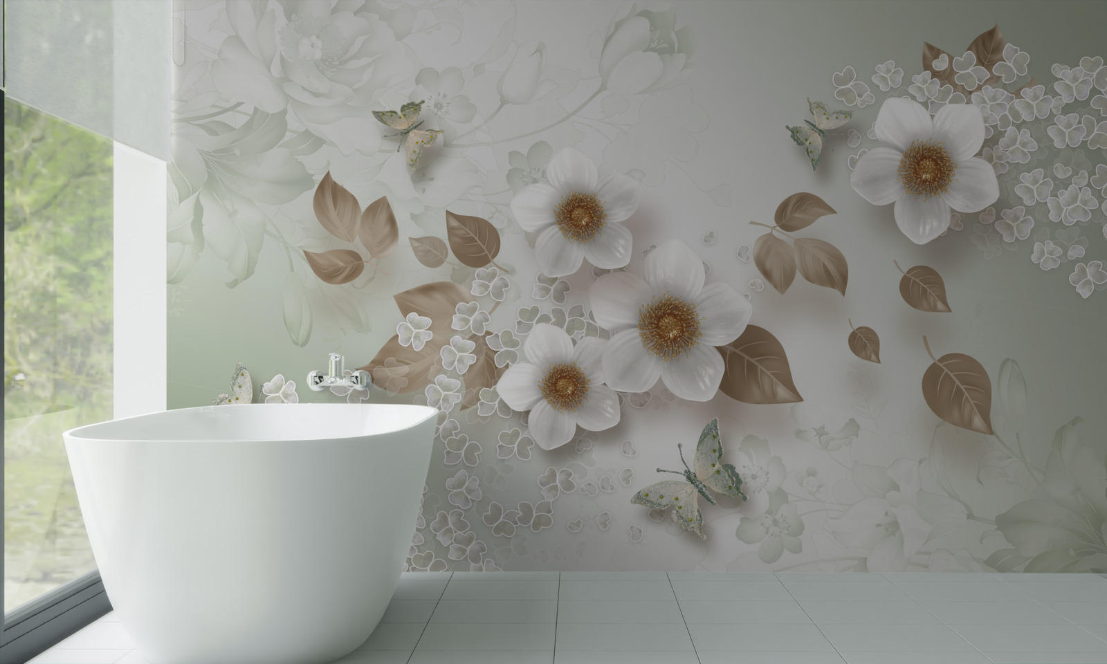 Fotobehang witte bloemen met grote knoppen en vlinders